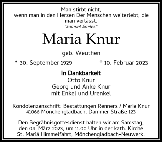 Traueranzeige von Maria Knur von trauer.extra-tipp-moenchengladbach.de