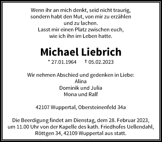 Traueranzeige von Michael Liebrich von trauer.wuppertaler-rundschau.de