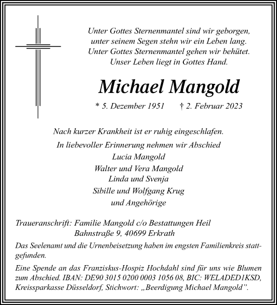 Traueranzeige von Michael Mangold von trauer.extra-tipp-moenchengladbach.de