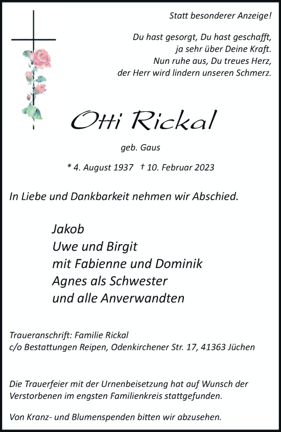 Traueranzeige von Otti Rickal von trauer.stadt-kurier.de