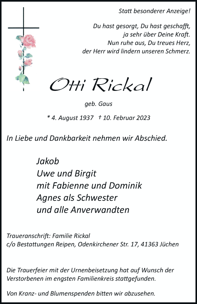  Traueranzeige für Otti Rickal vom 25.02.2023 aus trauer.stadt-kurier.de