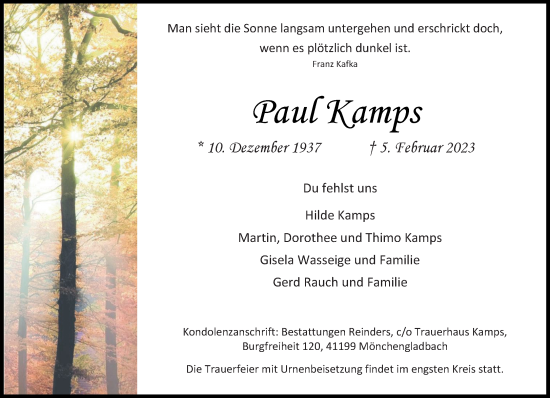 Traueranzeige von Paul Kamps von trauer.extra-tipp-moenchengladbach.de