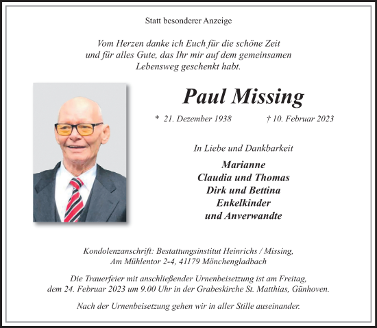Traueranzeige von Paul Missing von trauer.extra-tipp-moenchengladbach.de