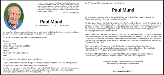 Traueranzeige von Paul Mund von trauer.extra-tipp-moenchengladbach.de