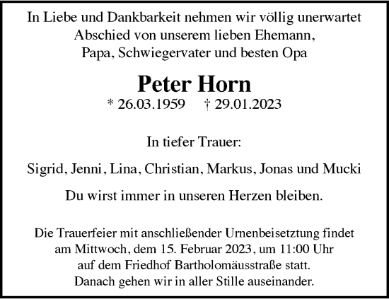 Traueranzeige von Peter Horn von trauer.wuppertaler-rundschau.de