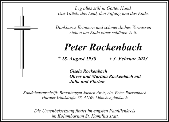 Traueranzeige von Peter Rockenbach von trauer.extra-tipp-moenchengladbach.de