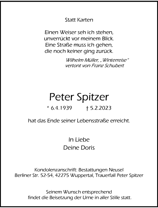 Traueranzeige von Peter Spitzer von trauer.wuppertaler-rundschau.de