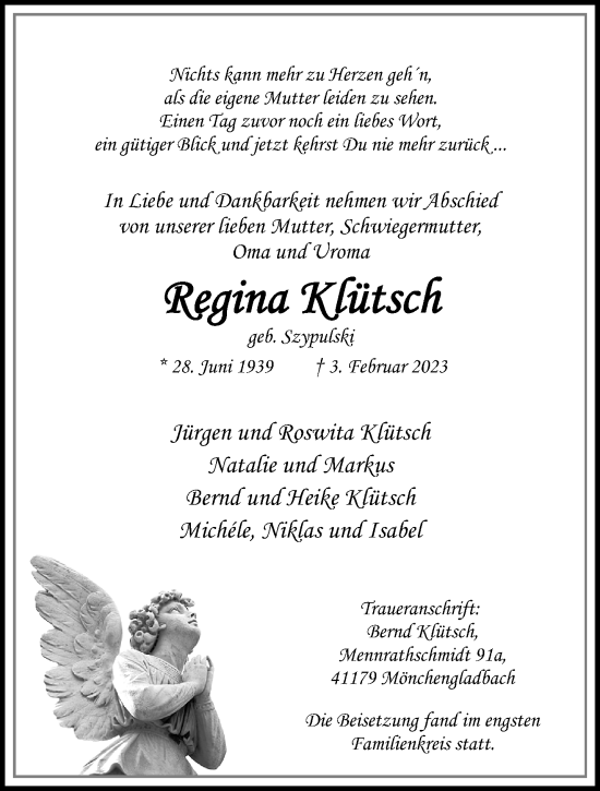 Traueranzeige von Regina Klütsch von trauer.extra-tipp-moenchengladbach.de