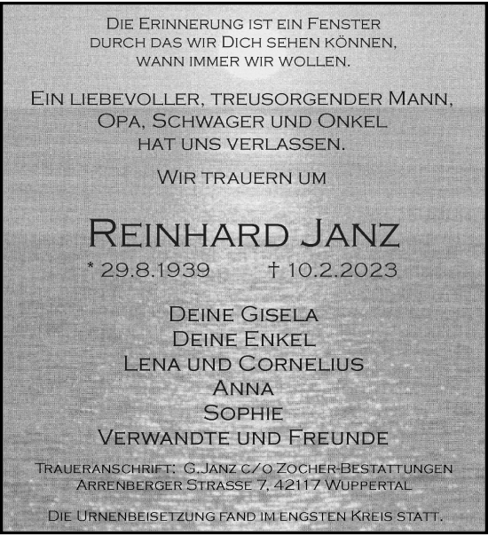 Traueranzeige von Reinhard Janz von trauer.wuppertaler-rundschau.de