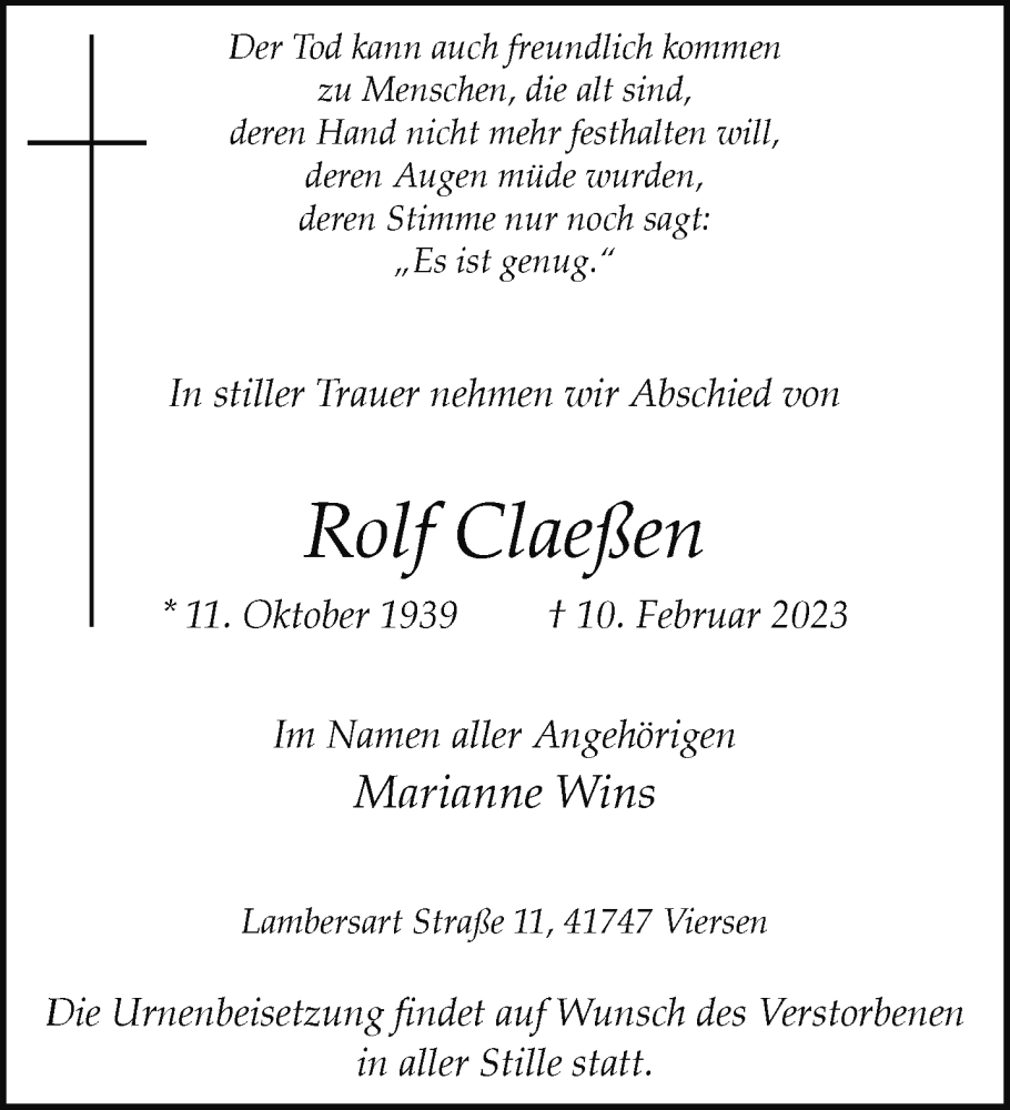  Traueranzeige für Rolf Claeßen vom 19.02.2023 aus trauer.extra-tipp-moenchengladbach.de