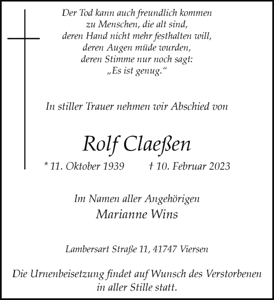 Traueranzeige von Rolf Claeßen von trauer.extra-tipp-moenchengladbach.de
