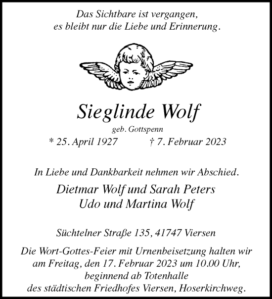 Traueranzeige von Sieglinde Wolf von trauer.extra-tipp-moenchengladbach.de