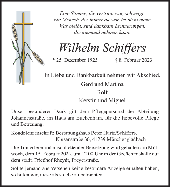 Traueranzeige von Wilhelm Schiffers von trauer.extra-tipp-moenchengladbach.de