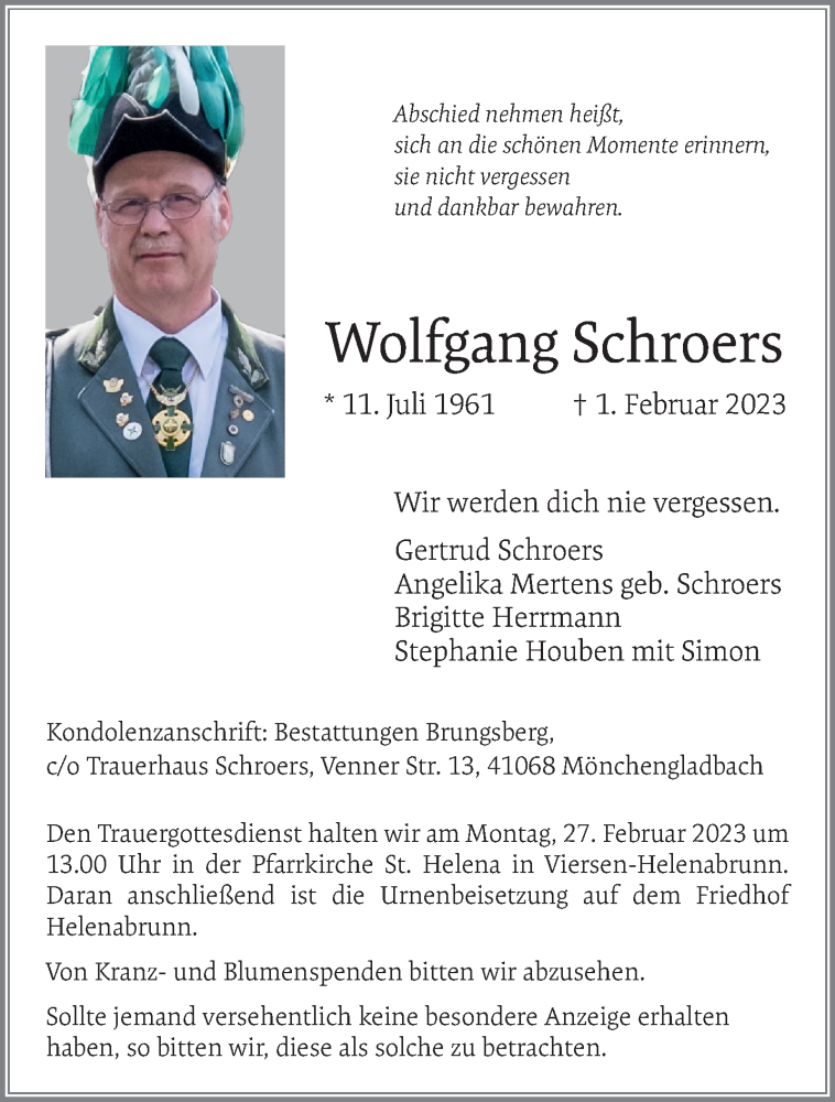  Traueranzeige für Wolfgang Schroers vom 19.02.2023 aus trauer.extra-tipp-moenchengladbach.de