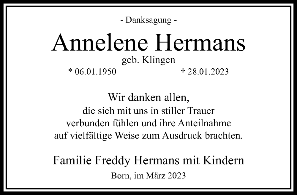  Traueranzeige für Annelene Hermans vom 19.03.2023 aus trauer.extra-tipp-moenchengladbach.de