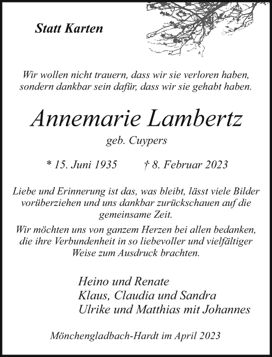 Traueranzeige von Annemarie Lambertz von trauer.extra-tipp-moenchengladbach.de