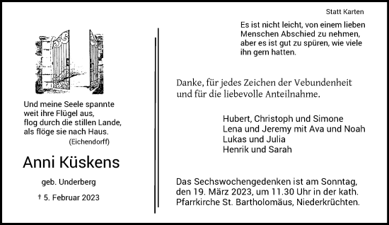 Traueranzeige von Anni Küskens von trauer.extra-tipp-moenchengladbach.de