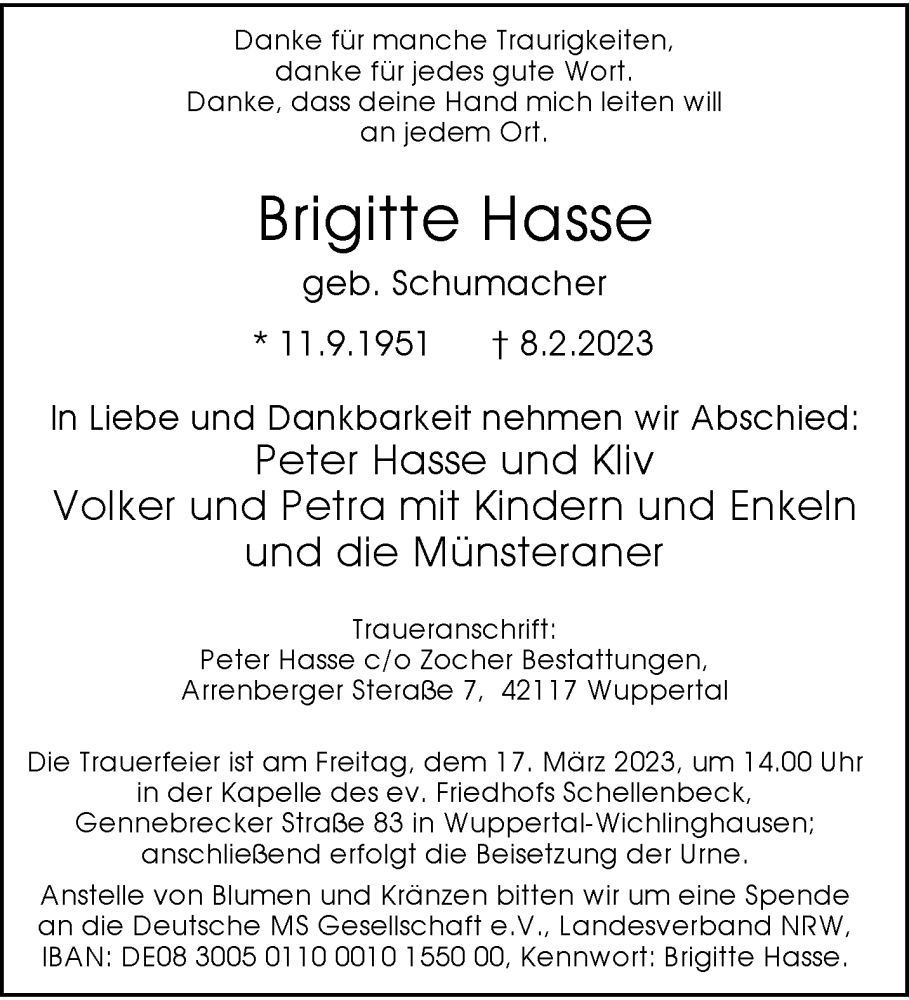  Traueranzeige für Brigitte Hasse vom 11.03.2023 aus trauer.wuppertaler-rundschau.de