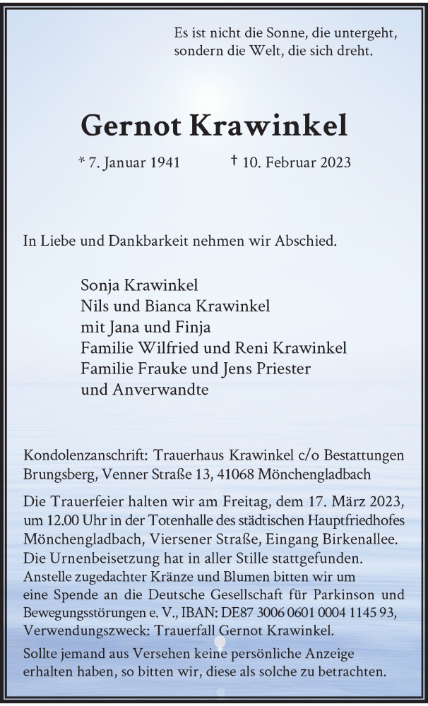  Traueranzeige für Gernot Krawinkel vom 05.03.2023 aus trauer.extra-tipp-moenchengladbach.de