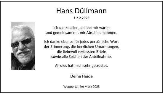 Traueranzeige von Hans Düllmann von trauer.wuppertaler-rundschau.de