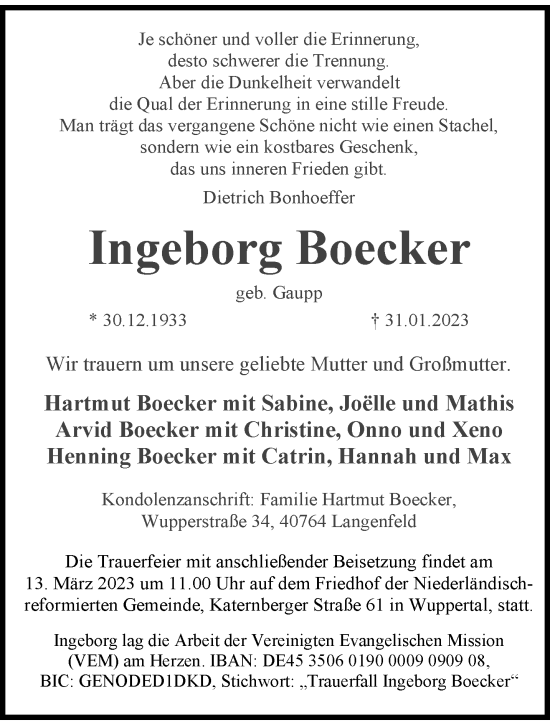 Traueranzeige von Ingeborg Boecker von trauer.wuppertaler-rundschau.de
