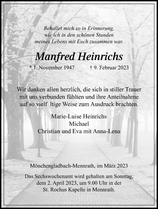Traueranzeige von Manfred Heinrichs von trauer.extra-tipp-moenchengladbach.de