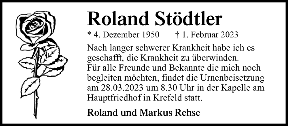  Traueranzeige für Roland Stödtler vom 26.03.2023 aus trauer.mein.krefeld.de