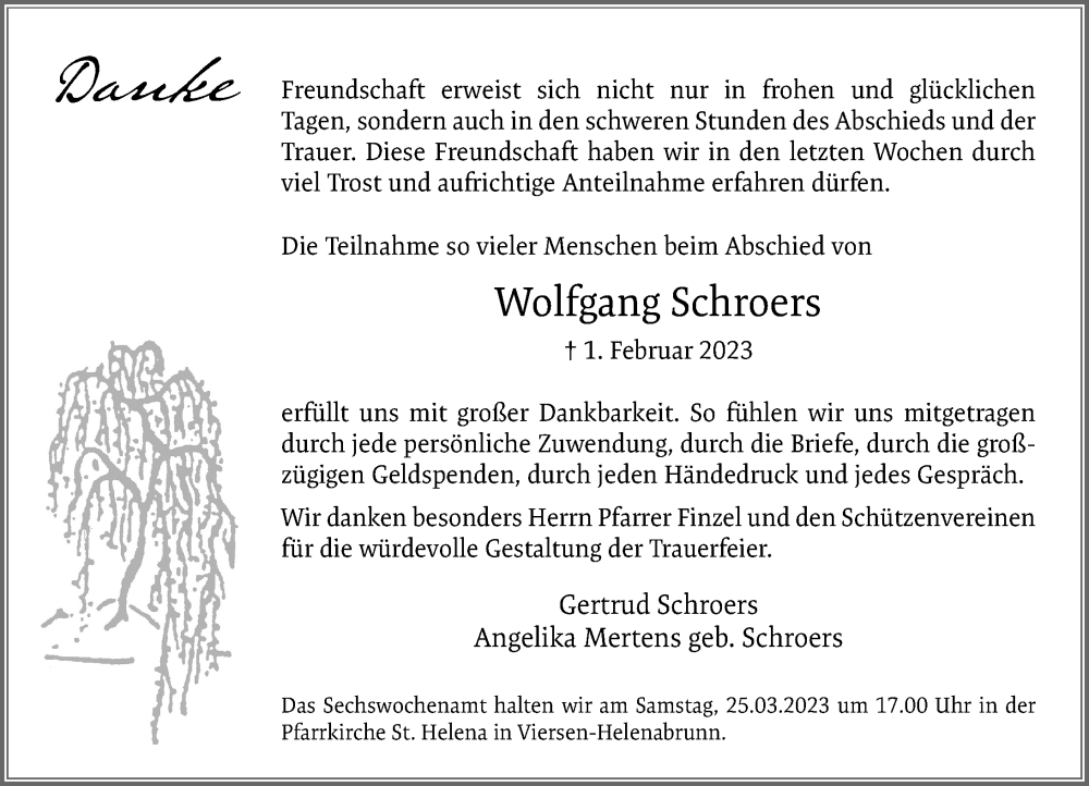  Traueranzeige für Wolfgang Schroers vom 19.03.2023 aus trauer.extra-tipp-moenchengladbach.de