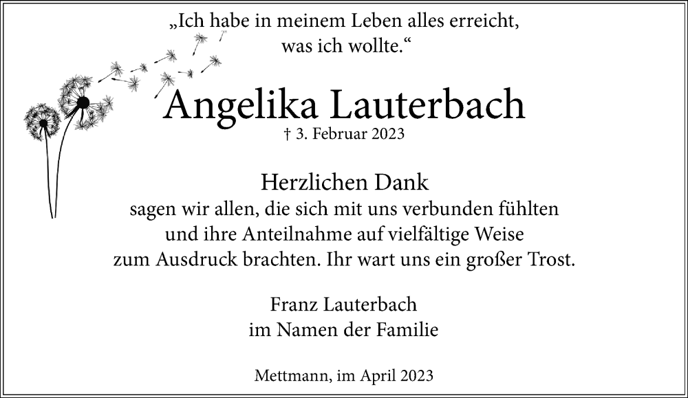  Traueranzeige für Angelika Lauterbach vom 28.04.2023 aus trauer.duesseldorfer-anzeiger.de