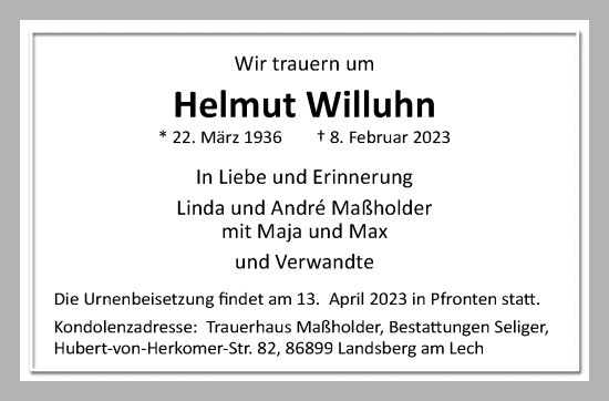 Traueranzeige von Helmut Willuhn von trauer.mein.krefeld.de