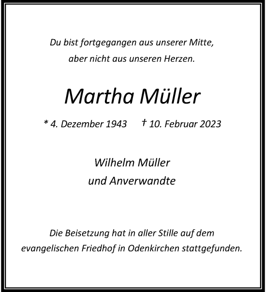 Traueranzeige von Martha Müller von trauer.extra-tipp-moenchengladbach.de