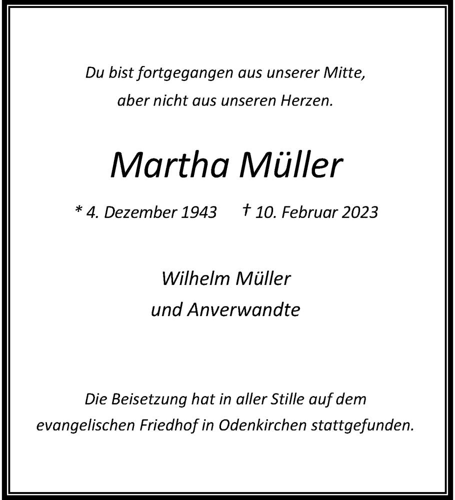  Traueranzeige für Martha Müller vom 23.04.2023 aus trauer.extra-tipp-moenchengladbach.de