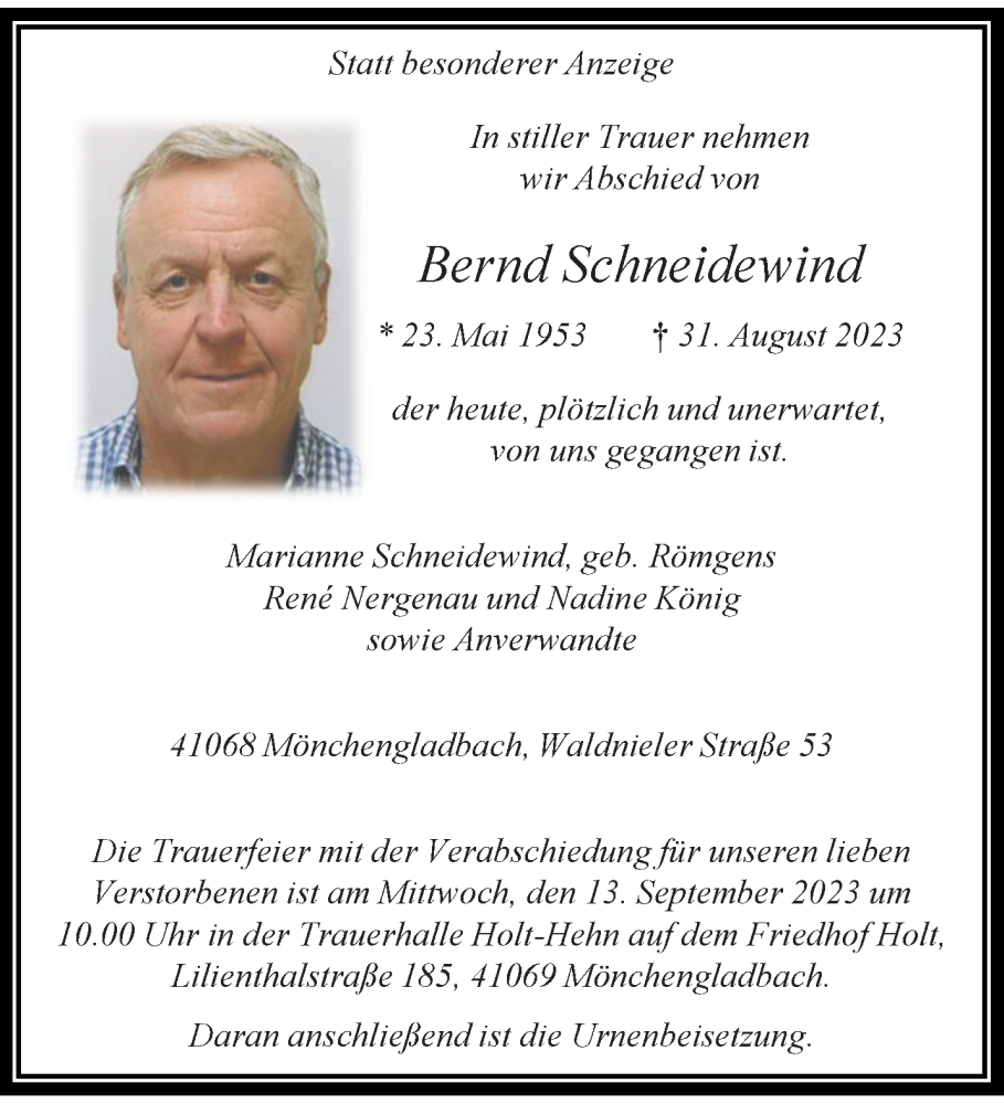  Traueranzeige für Bernd Schneidewind vom 10.09.2023 aus trauer.extra-tipp-moenchengladbach.de