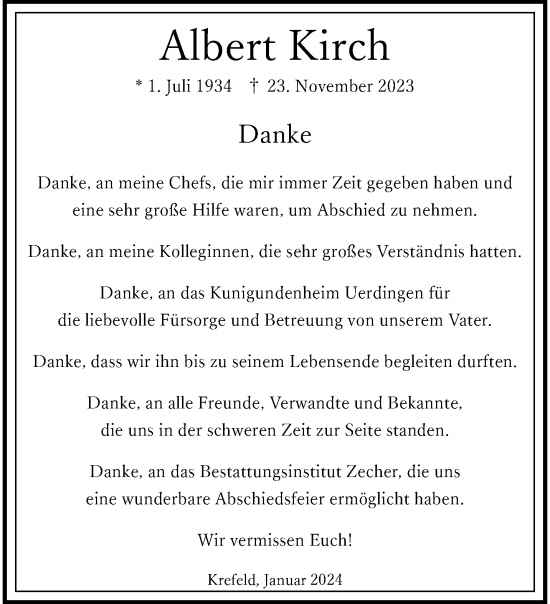 Traueranzeige von Albert Kirch von trauer.extra-tipp-moenchengladbach.de