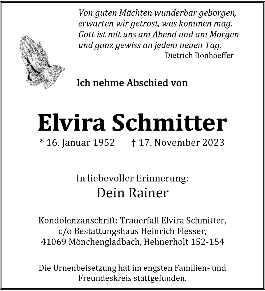  Traueranzeige für Elvira Schmitter vom 14.01.2024 aus trauer.extra-tipp-moenchengladbach.de