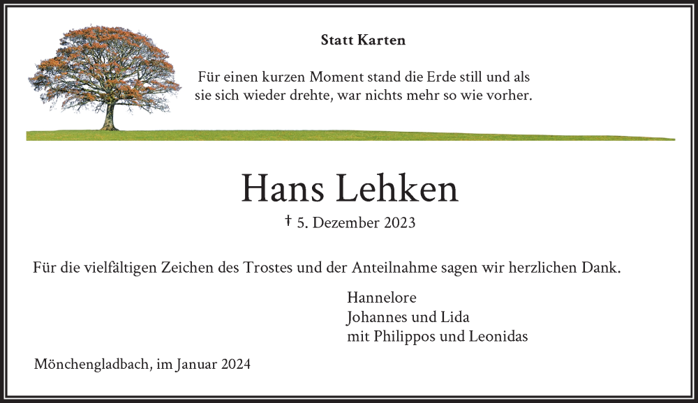 Traueranzeige für Hans Lehken vom 14.01.2024 aus trauer.extra-tipp-moenchengladbach.de
