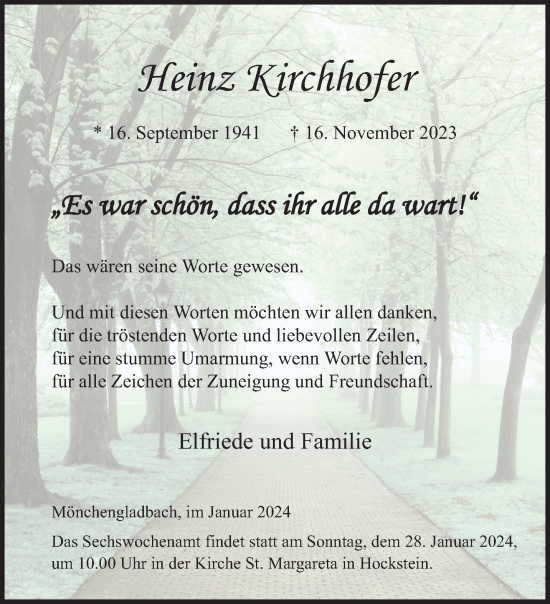 Traueranzeige von Heinz Kirchhofer von trauer.extra-tipp-moenchengladbach.de