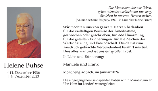 Traueranzeige von Helene Buhse von trauer.extra-tipp-moenchengladbach.de