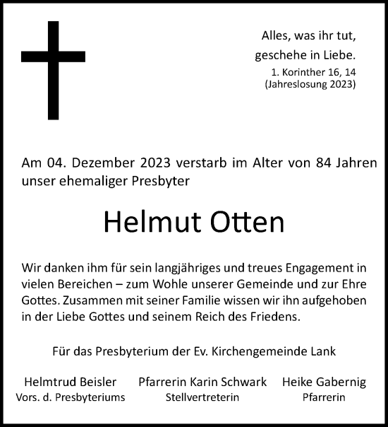 Traueranzeige von Helmut Otten von trauer.extra-tipp-moenchengladbach.de