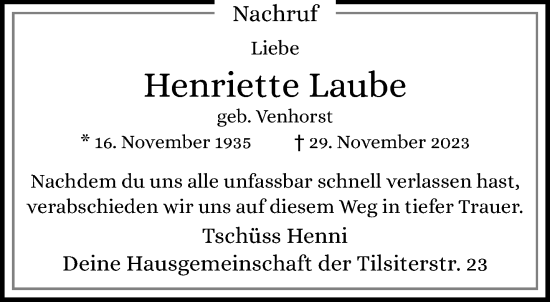 Traueranzeige von Henriette Laube von trauer.extra-tipp-moenchengladbach.de