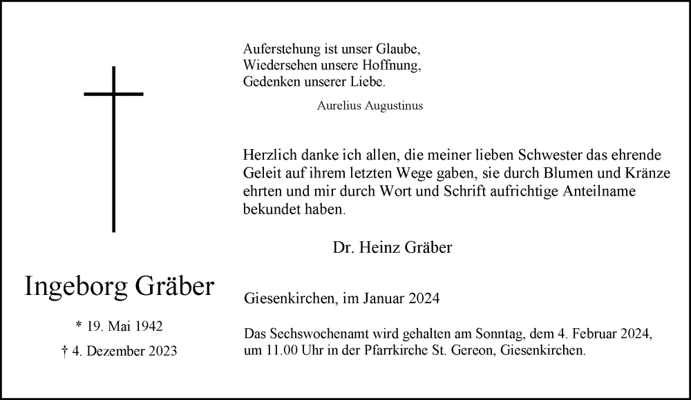  Traueranzeige für Ingeborg Gräber vom 28.01.2024 aus trauer.extra-tipp-moenchengladbach.de