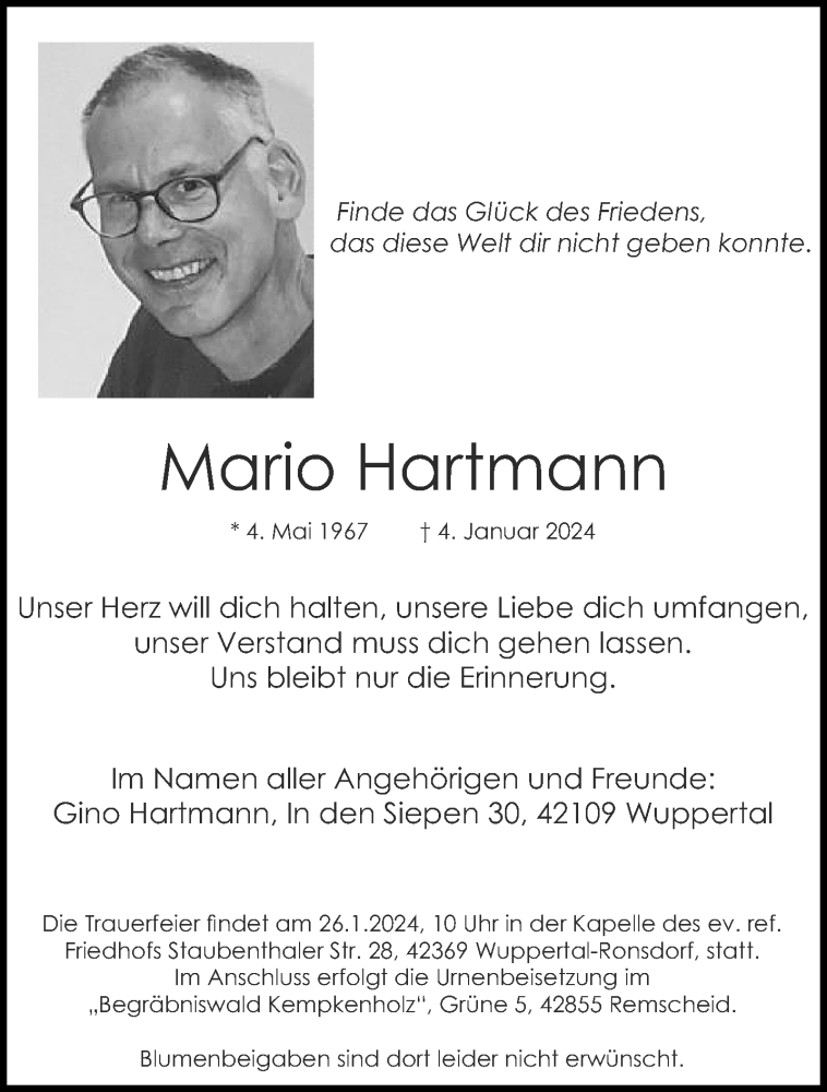  Traueranzeige für Mario Hartmann vom 20.01.2024 aus trauer.wuppertaler-rundschau.de