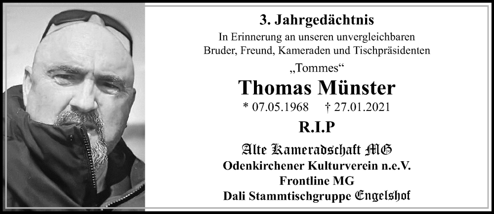  Traueranzeige für Thomas Münster vom 28.01.2024 aus trauer.extra-tipp-moenchengladbach.de