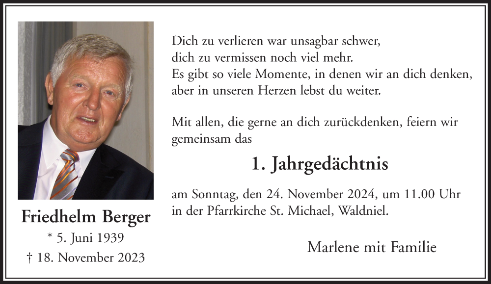  Traueranzeige für Friedhelm Berger vom 17.11.2024 aus trauer.extra-tipp-moenchengladbach.de