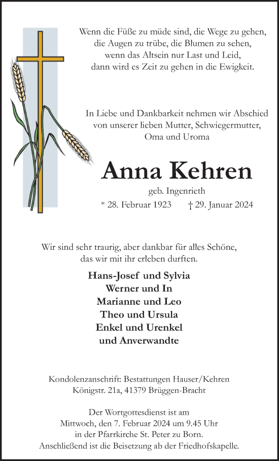 Traueranzeige von Anna Kehren von trauer.extra-tipp-moenchengladbach.de
