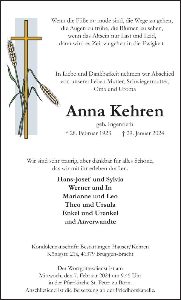  Traueranzeige für Anna Kehren vom 04.02.2024 aus trauer.extra-tipp-moenchengladbach.de