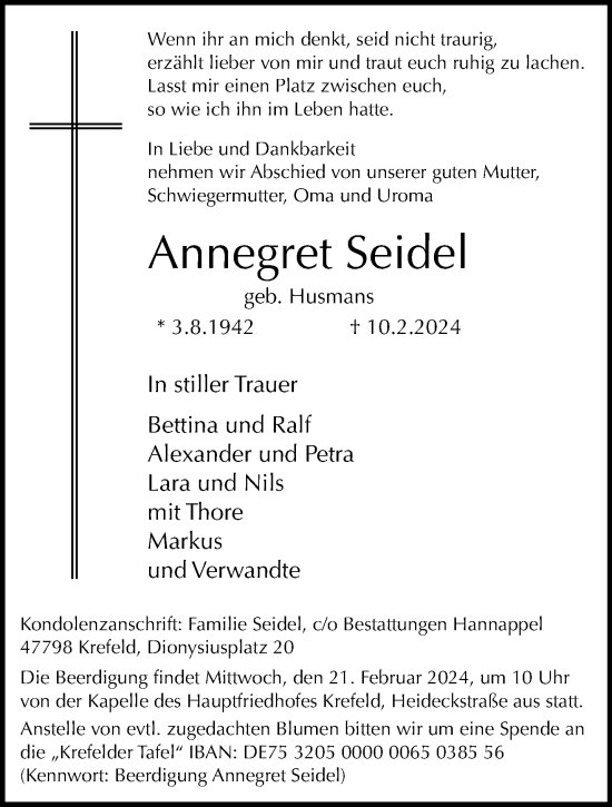 Traueranzeige von Annegret Seidel von trauer.extra-tipp-moenchengladbach.de