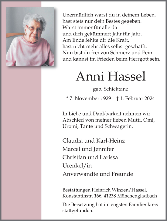 Traueranzeige von Anni Hassel von trauer.extra-tipp-moenchengladbach.de