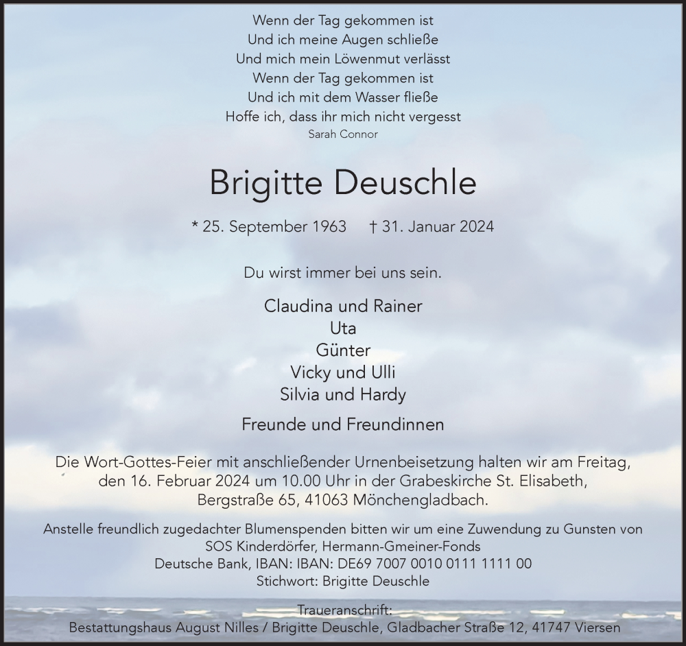  Traueranzeige für Brigitte Deuschle vom 11.02.2024 aus trauer.extra-tipp-moenchengladbach.de