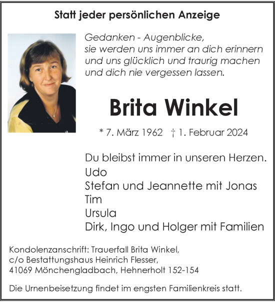 Traueranzeige von Brita Winkel von trauer.extra-tipp-moenchengladbach.de
